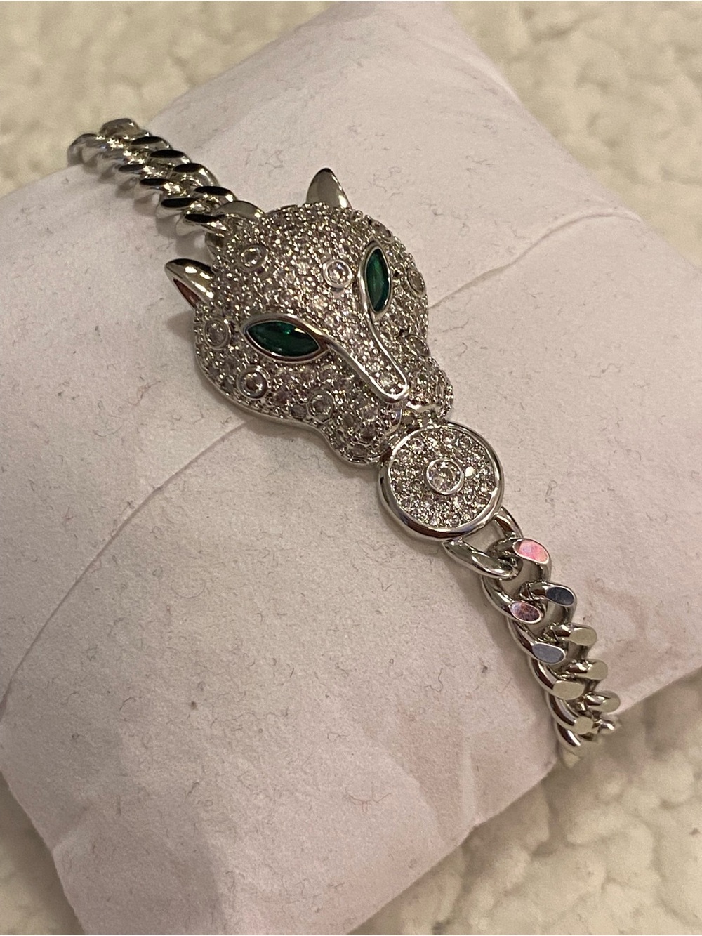 Silver Panther Head Bracelet with Emerald Eyes